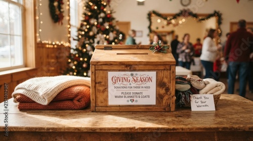 Wooden donation box with blankets and holiday tree in background for christmas giving season charity collection banner and community fundraiser design