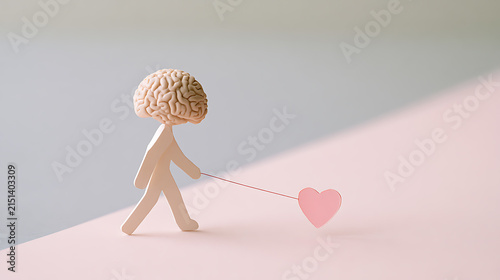 Conceptual image of a brain-headed figure walk with a pink heart, symbolizing the interplay between intellect and emotion or love in life's journey