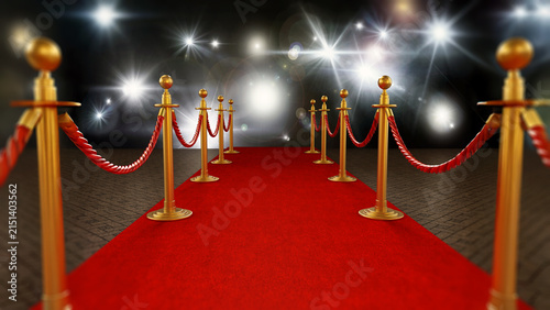 Red carpet and velvet ropes on gala night background. 3D illustration