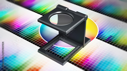 Printing loupe on color chart. 3D illustration