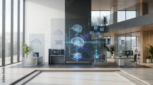 cloud computing and artificial intelligence integration in modern office environment with first-person perspective from the floor, featuring server racks, computer monitors, and brain model.