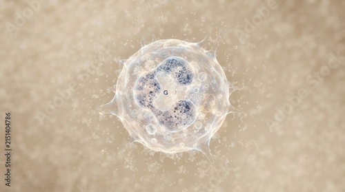 Translucent cell closeup with central granules and letter g in textured beige background for scientific poster study and microscopic visualization
