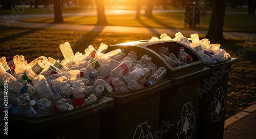 Overfilled recycling bins in a park, backlit by golden sunlight