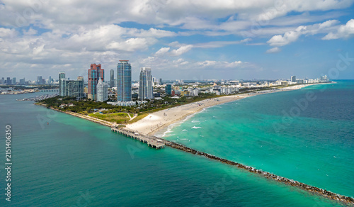 Miami seaside with turquoise ocean and sky. Miami city. Famous oceanfront of Miami. Miami Beach skyline.