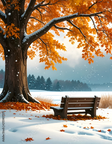 a lonely bench, in front of a large tree