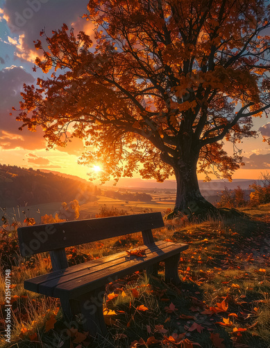 a lonely bench, in front of a large tree