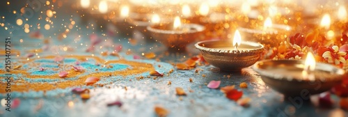 Polished brass oil lamps encircle a vivid rangoli of powders and flower petals. Their steady flames create a warm, festive glow symbolizing tradition and celebration.
