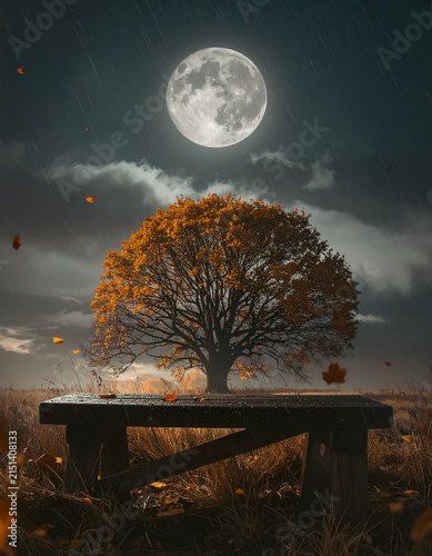 a lonely bench at night, in front of a large tree, in the light of the full moon