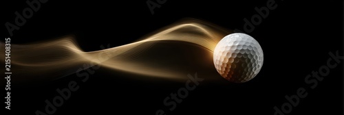 A golf ball is captured in motion with golden light waves trailing behind it. The dynamic black background highlights energy, speed, and modern golf action.