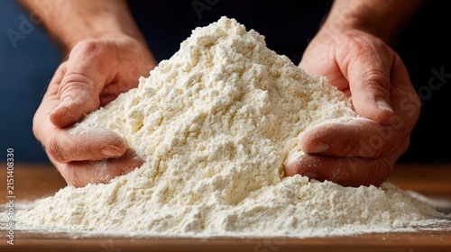 Hands begin mixing flour to create sticky dough, embodying step-by-step baking. Soft lighting and photorealism highlight the tactile, homemade process.