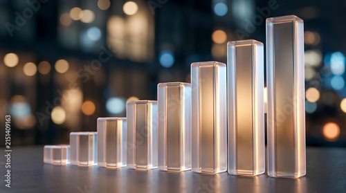 Glowing glass bar chart showing financial growth corporate business success data visual report and market profit