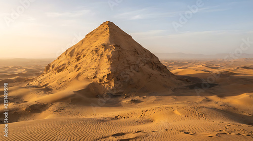 Large eroded sandstone pyramid in a vast dune desert