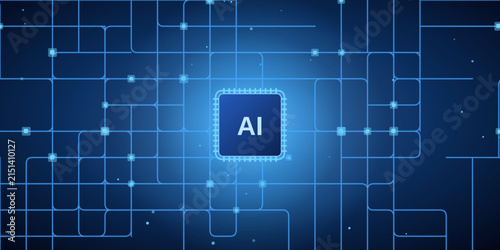 Neon blue artificial intelligence circuit board background, rounded circuit board traces around a central chip, abstract futuristic design for backdrop, landing page and banner, edition 4.