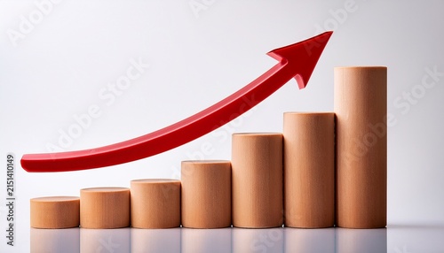 a red arrow pointing upwards alongside a bar chart isolated on a white background