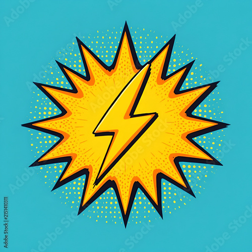 Comic Book Pop Art Lightning Bolt Power Symbol On Halftone Burst Background