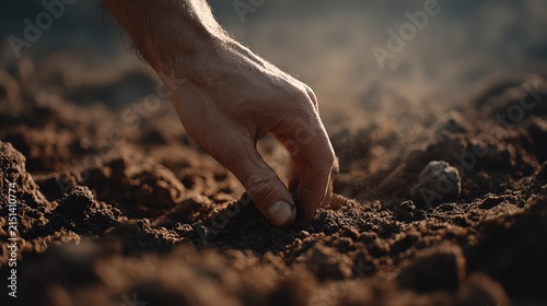 A hand gently plants a seed in fertile soil, highlighted by dramatic natural lighting. The macro shot captures rich earth textures and the cinematic gardening moment.