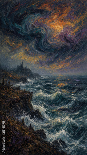Dramatic oil painting with swirling brushstrokes depicting a melancholy stormy ocean coast