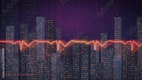 Digital financial data graph with glowing orange line moving across a futuristic city skyline background