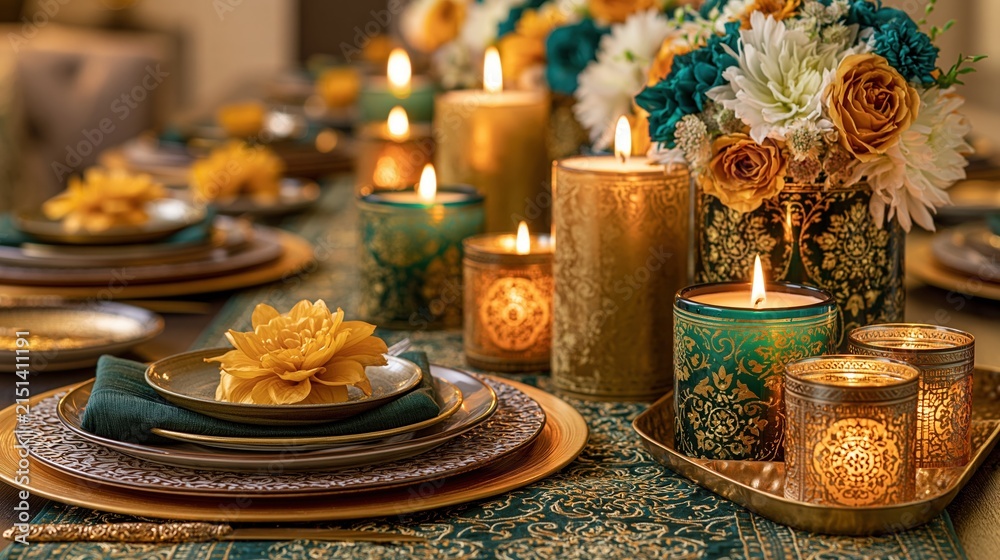 Fototapeta premium Luxury dining table set for an upscale Diwali dinner featuring contemporary Indian tableware, glowing candles, floral centerpieces, and elegant festive decor in a sophisticated setting