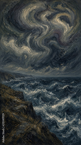 Dramatic oil painting with swirling brushstrokes depicting a melancholy stormy ocean coast