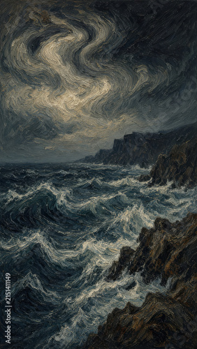 Dramatic oil painting with swirling brushstrokes depicting a melancholy stormy ocean coast