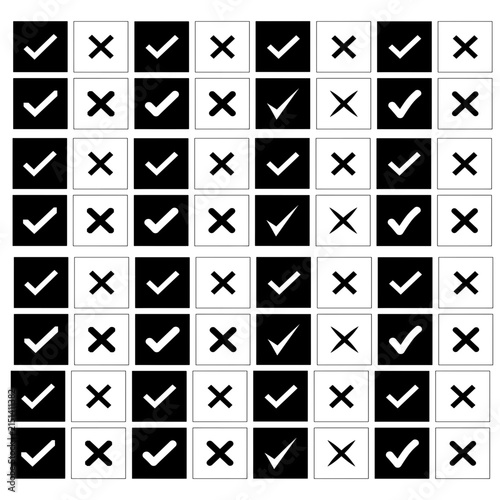 Check tick mark icon set. Cross box x check mark checkbox v list vector draw hand drawn sketch doodle brush marker checklist symbol wrong right circle.