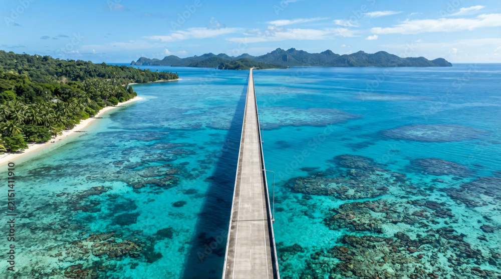 Fototapeta premium High-altitude drone shot of a long straight coastal highway bridge crossing over a shallow crystal clear turquoise ocean, vibrant coral reefs visible underwater, tropical paradise travel vibe, bright 