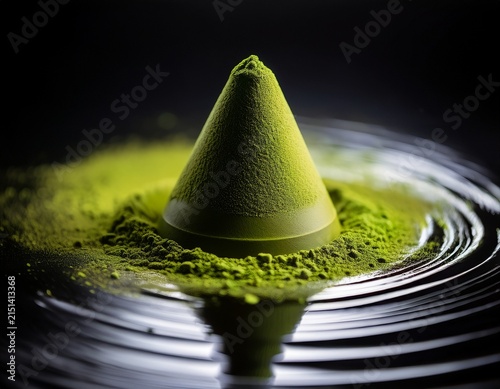 close up of vibrant green matcha powder in a conical shape delicately placed on a dark surface with concentric water ripples soft lighting enhances