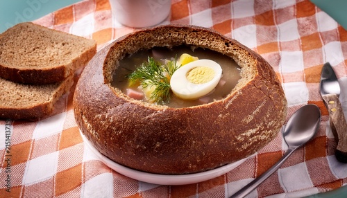 sour rye soup served in a hollowed bread loaf with egg and sausage tablecloth pattern pickles and rye bread