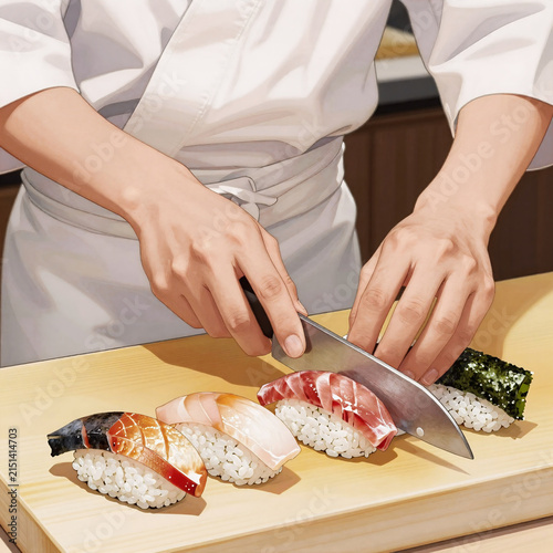 Fashion Illustration Sushi Appetizer. A Sushi Chef Crafting A Dish By Hand