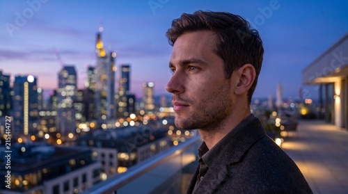 Urban Serenity: A contemplative man gazes out at the glittering cityscape at twilight, a moment of calm amidst the bustling metropolis, embodying urban sophistication and introspection.