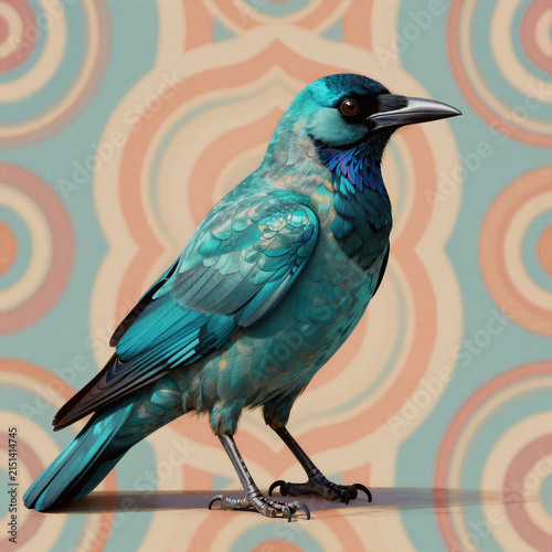 Technical Drawing Crow Beak. Digital Illustration Of A Turquoise Crow On A Retro Patterned Background