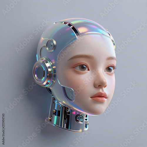 Kawaii Abstract Humanoid. Illustration Of A Holographic Human Face In A Robotic Wall Head, Made From Glossy Iridescent Material And Representing Artificial Intelligence