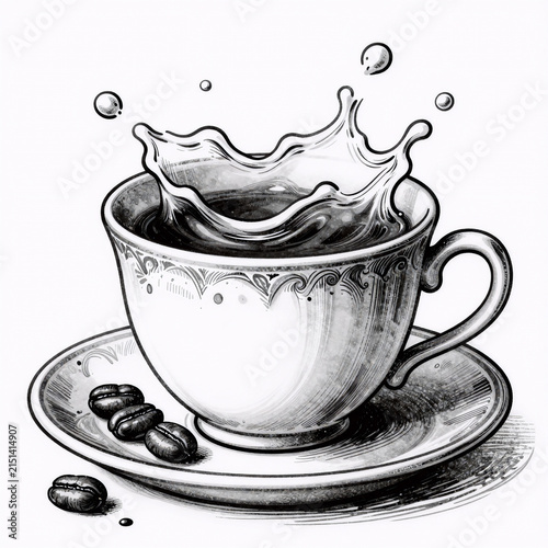 Monochrome Splash Coffee. Ink Art Illustration Of A Vintage Coffee Cup With Splash And Beans, Isolated On White Background