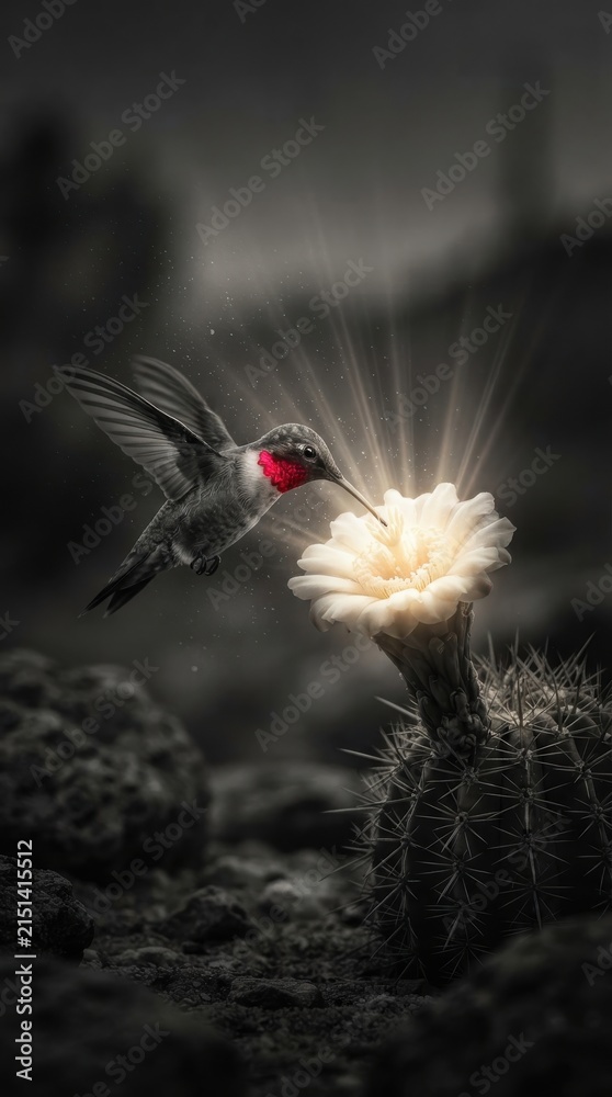 Fototapeta premium Hummingbird feeding on a glowing cactus flower