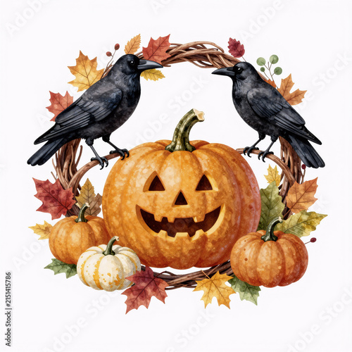 Character Concept Crow Harvest. Autumn Watercolor Frames With Pumpkins, Wreaths And Crows For Halloween And Thanksgiving