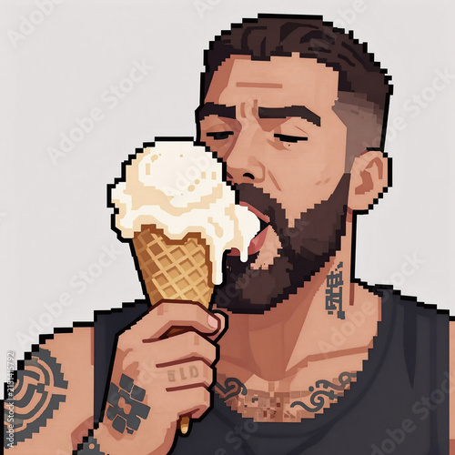 Pixel Art Icecream Hungry. Bearded, Tattooed Man Consumes A Large Ice Cream