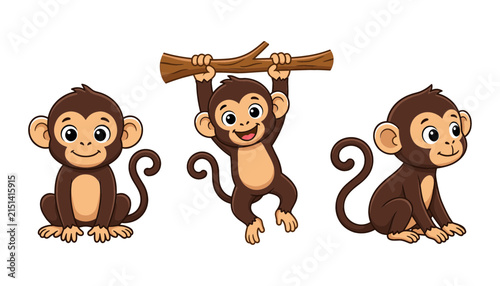 Photography Cute Cartoon Monkey Character Set with Little Monkeys Sitting and Hanging on a T