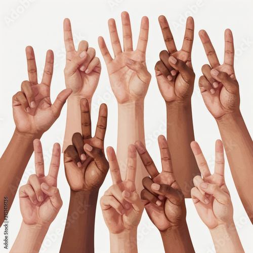 Anime Collage United. Collage Composition Of Diverse, Gesturing Hands Symbolizing Unity And Peace In Contemporary Art Style