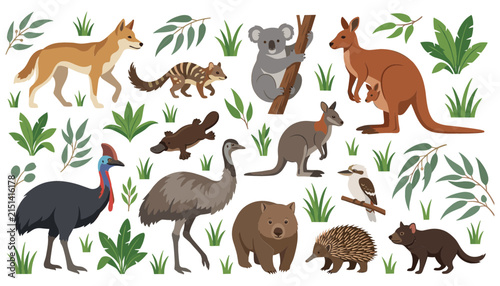 Canvas Print Australian Wildlife Animal Vector Set with Kangaroo Koala Platypus Emu Cassowary