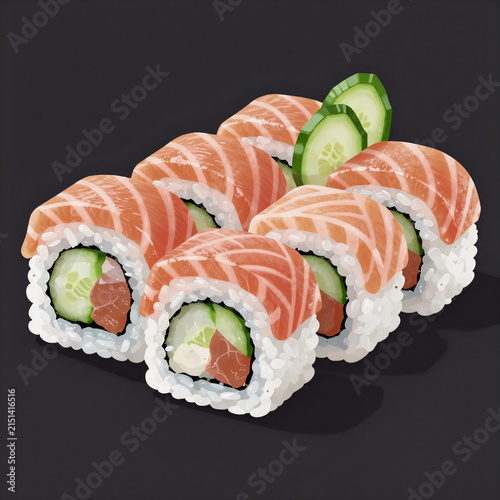 Vector Art Sushi Nobody. A Sushi Maki Set With Salmon And Cucumber Is Featured