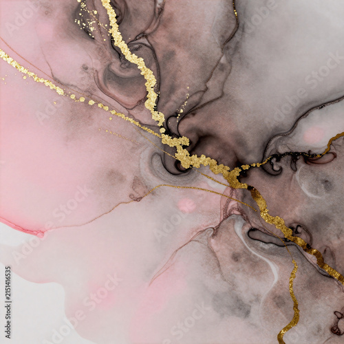 Traditional Chinese Painting Marble Earth. Watercolor And Alcohol Ink Drawing Featuring Abstract Pink, Grey, Earthy Colors With Golden Glitter Brushstrokes On Fluid Marble Background