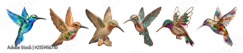 Beautiful set of six decorative hummingbird figurines crafted from different materials including iridescent glass, painted wood, ceramic, bronze, and colorful wire
