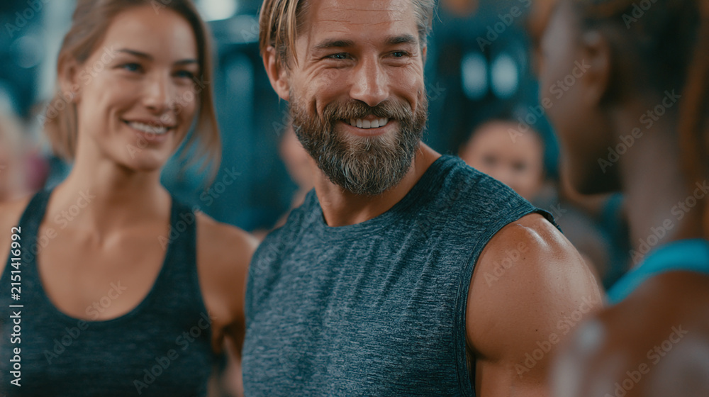 Obraz premium Athletes stand together in a gym while sharing a positive and motivational conversation after their workout session.