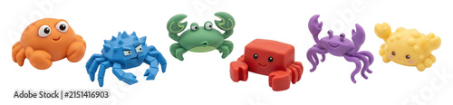 Collection of colorful cartoon crab toys with different expressions and shapes are arranged in a playful horizontal line, showcasing a variety of fun character designs for children