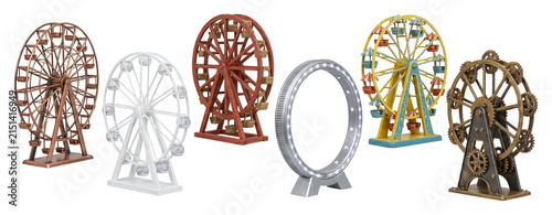 Collection of various miniature Ferris wheels in different styles, showcasing vintage wooden, classic carnival, modern LED, and intricate steampunk gear models in a row
