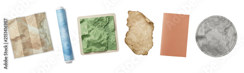 Diverse collection of topographic and cartographic items including a folded map, a 3D relief model, a rolled chart, old parchment, a notebook, and a circular stone object