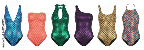 Six colorful one-piece swimsuits with a shiny mermaid scale pattern are arranged in a row showing different styles and metallic textures for summer beach fashion