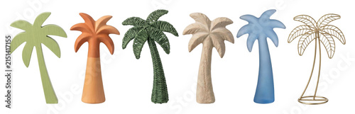 Six decorative palm tree figurines made from different materials like wood, ceramic, woven rattan, sand, frosted glass, and golden metal, showcasing a variety of modern tropical styles