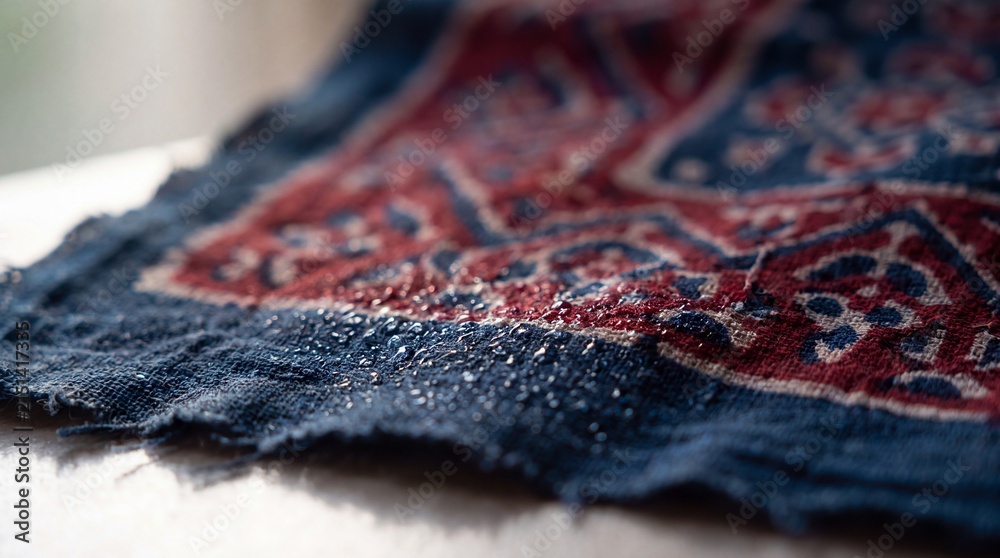 Fototapeta premium Indigo Dye Particles: Close-up macro shot reveals tiny blue indigo dye particles scattered on the textured surface of a woven fabric, hinting at traditional dyeing processes.
